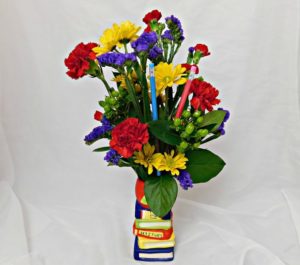 Flower arrangement back to school themed